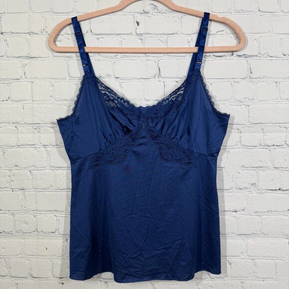 Vintage Y2K Camisole Navy Blue Lace Size 34 Satin Romantic Slip Top Cottagecore - Picture 1 of 8